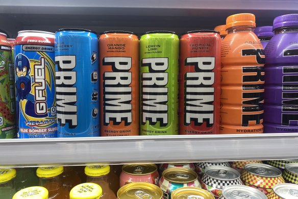 Cans of Prime Energy for sale in a Sydney CBD convenience store.