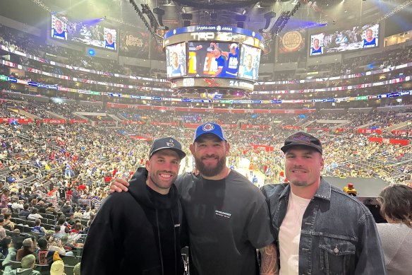 Sydney Roosters stars James Tedesco, Jared Waerea-Hargreaves and Angus Crichton at the Clippers game on Saturday night.