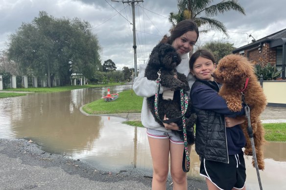 Jordan and Lulu Quinsee with their pets after Maribyrnong was flooded.