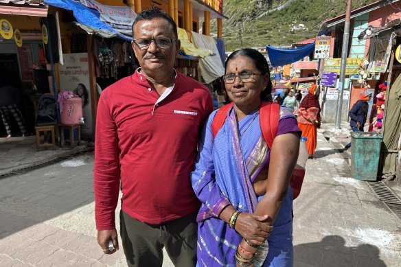 Farmer Rajendra Shivram, 58, with his wife in Badrinath.