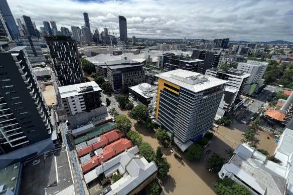 An aerial view of flooding, as seen from above in South Brisbane on Monday.