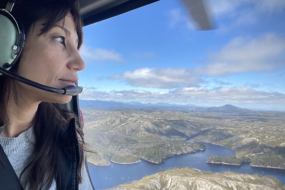 Executive producer Riima Daher flies over the show’s location in western Tasmania. 