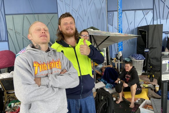 Homeless Dylan Brisco (left) and Luke Clements would like the chance to sleep at the federal government’s empty Pinkenba centre – instead of under a bridge.