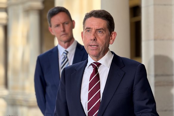 Labor deputy leader Cameron Dick and shadow health minister Mark Bailey at a press conference in Brisbane on Thursday.