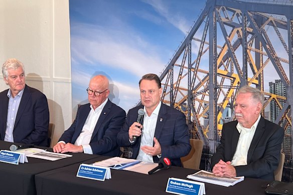 Brisbane Lord Mayor Adrian Schrinner in May presenting findings from a report independently commissioned by council into a restoration of the Story Bridge.