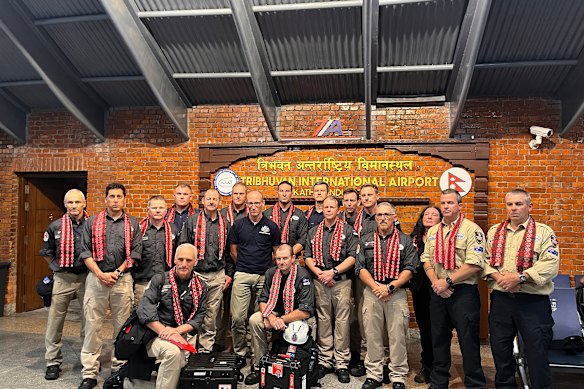 A team of NSW and Queensland drone specialists arriving at the Tribhuvan International Airport in Kathmandu on Friday night. The 15-member team are the first search and rescue personnel to arrive in Nepal since the devastating floods which struck the country last week.