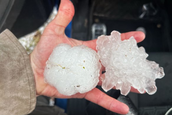 Giant hail that fell on a road north of Bourke.