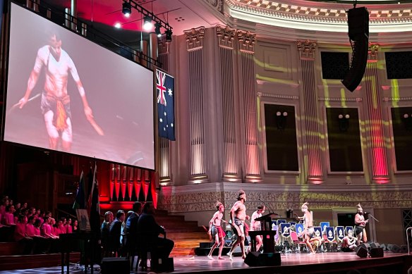 Indigenous performers at Sunday’s Australia Day citizenship ceremony at Brisbane City Hall.