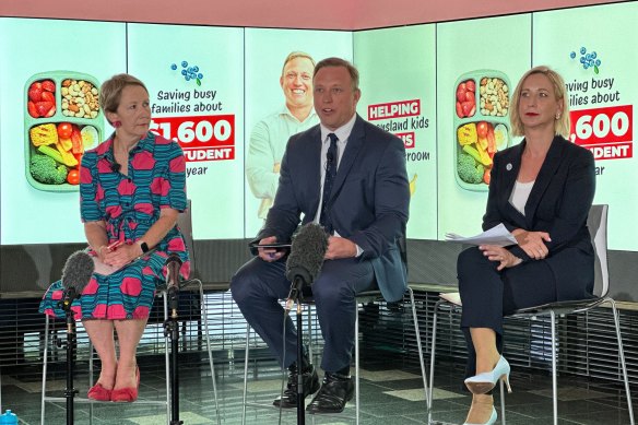 Education Minister Di Farmer, Steven Miles and Diabetes Australia chief executive Justine Cain speak to media at QUT.