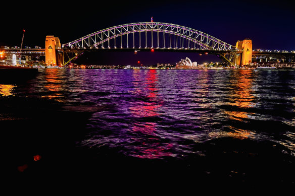 The Sydney Harbour Bridge, lit up maroon for State of Origin.