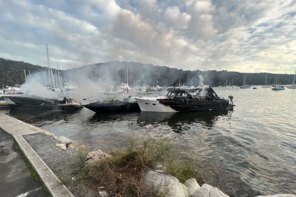 The yachts caught fire at Church Point.