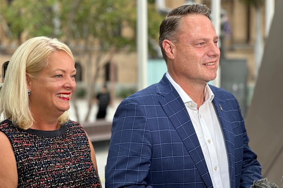 Then-deputy mayor Krista Adams with Brisbane Lord Mayor Adrian Schrinner after the re-election of their LNP administration in 2024.