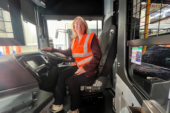 Transport Minister Rita Saffioti in the last ever diesel bus to be manufactured in WA - TP3608.