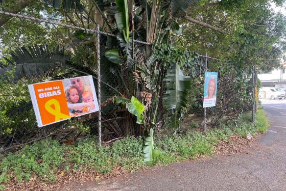 A photograph of the Bibas poster and the Allegra Spender campaign poster, dated 2.47pm on Monday, March 3. Her office said a staffer separated the posters and secured them both after they were made aware of the issue. 