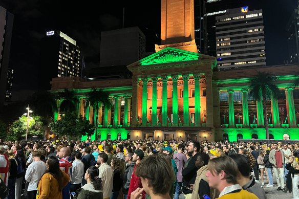 Football fans flocked to King George Square to watch the telecast of the Matildas playing England in the 2023 Women’s World Cup.