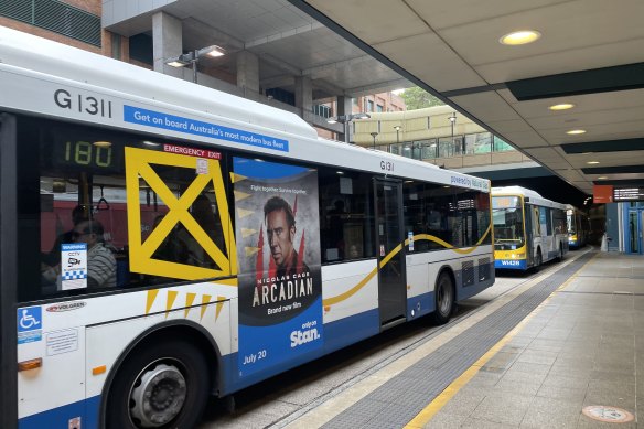 Buses queue at Mater Hill station on the first day of 50c fares in Brisbane.