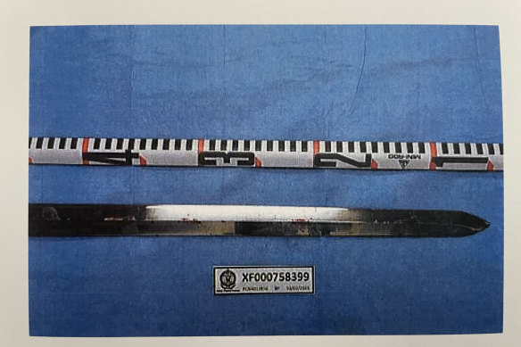 A police photograph of the samurai sword recovered from Howard’s home.