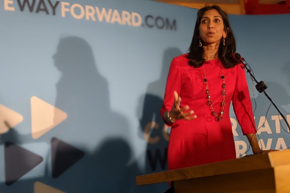 Attorney-General Suella Braverman addresses Conservative Way Forward at the Churchill War Rooms earlier this week.