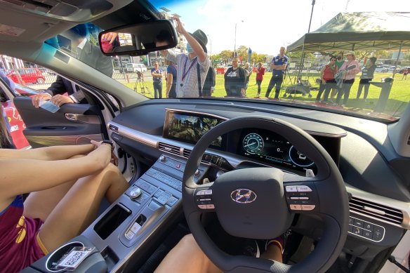 The interior of a Hyundai NEXO, powered by hydrogen.