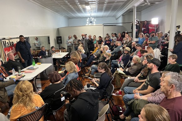 East Palestine residents at a meeting following the toxic spill and train crash.