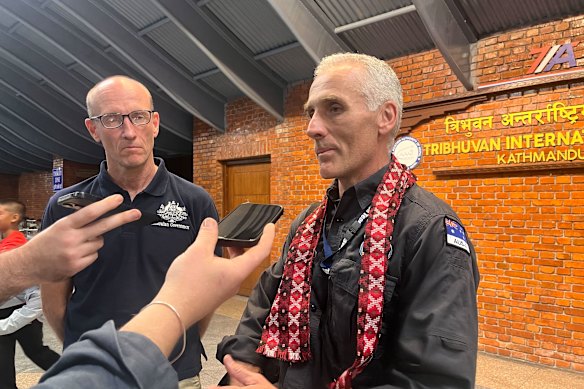 Fire and Rescue NSW Chief Superintendent Jeremy Stubbs (right) with Australia’s ambassador to Nepal, Simon Ernst (left), speaks to reporters outside the Tribhuvan International Airport in Kathmandu.
