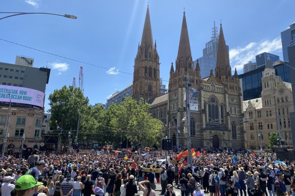 Invasion Day marchers outside Melbourne’s Flinders Street Station. 