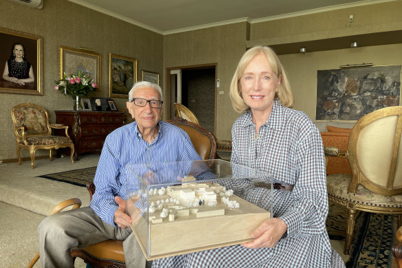 University of Sydney chancellor Belinda Hutchinson and donor Isaac Wakil in his home with a model of part of the proposed new building.