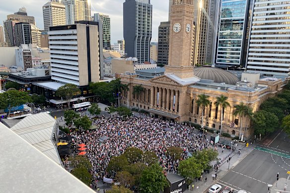 A protest against Israeli president Isaac Herzog in Brisbane City Hall at St George Square.