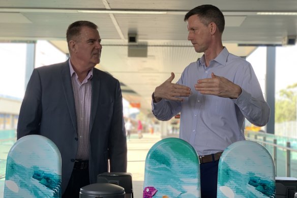 Fisheries Minister Mark Furner (left), pictured with Transport Minister Mark Bailey, says shark nets will not be removed.