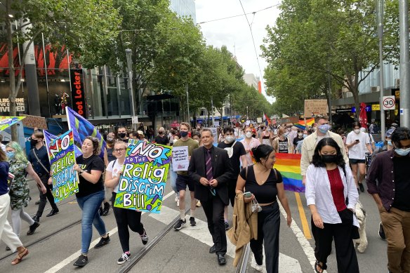 Protesters rally against the proposed religious discrimination bill in Melbourne on Wednesday afternoon.