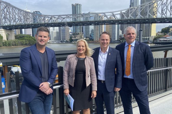 At the launch of Brisbane’s first-ever State of the City report (from left): Howard Smith Wharves chief executive Luke Fraser, Deputy Mayor Krista Adams, Lord Mayor Adrian Schrinner and Brisbane Economic Development Association chief executive Anthony Ryan.