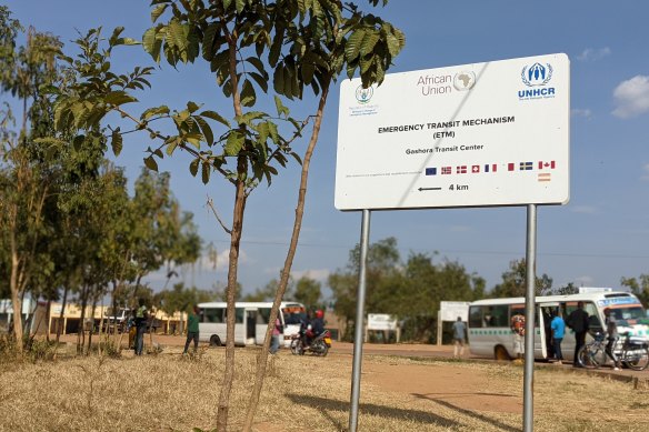 Sign for the transit centre in Gashora, Rwanda. 