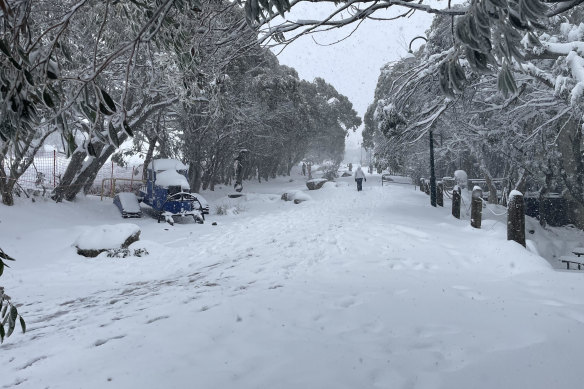Snow at Mount Buller on Monday morning. 