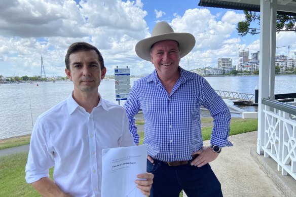 Deputy prime minister Barnaby Joyce with Brisbane MP Trevor Evans releasing a review outlying changes to Brisbane Airport operations.