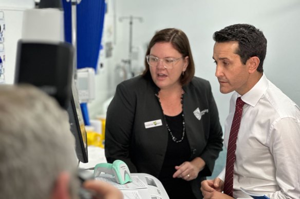 LNP leader David Crisafulli with Rochelle Cole, head of simulation at Central Queensland University’s school of nursing, midwifery and social sciences, in Rockhampton.