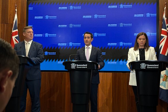 Queensland Family and Child Commission chief executive Luke Twyford, Premier David Crisafulli and Attorney-General Deb Frecklington at the release of ‘In Plain Sight’, a Review into System Responses to Child Sexual Abuse by the Child Death Review Board. 