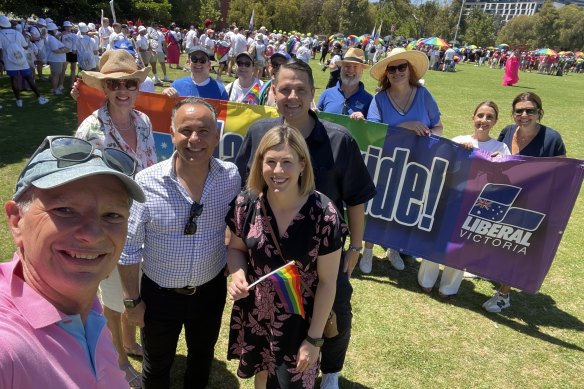 Victorian Liberals leader John Pesutto with colleagues at Melbourne’s Pride March on Sunday.