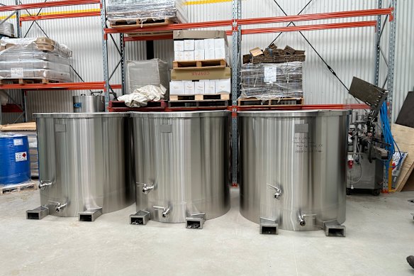 Test tanks for extracting the key compound from feverfew at Black Squid Distillery in the Barossa Valley.
