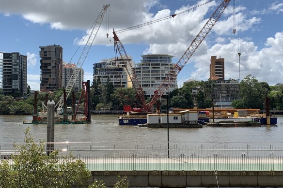 A barge moored in Brisbane River for construction of the new Kangaroo Point green bridge. 