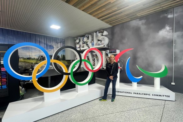 Brisbane 2032 chief executive Cindy Hook with the Olympic rings and agitos. International Olympic Committee member Kirsty Coventry says time was still on the Brisbane Games’ side and there was no need for the IOC to step in.