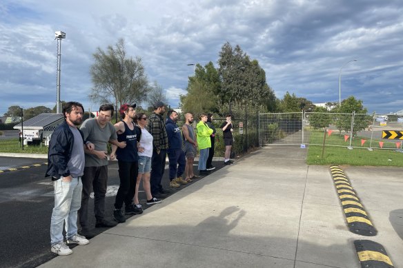 A human barricade at Dandenong South distribution centre on Saturday morning.