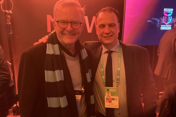 Anthony Albanese and Peter V’landys inside the NRL chairman’s suite at the first State of Origin game last year..