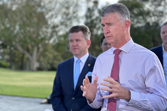 Queensland Sports Minister Tim Mander (right) and Deputy Premier Jarrod Bleijie, who has given the Eagle Farm project a Ministerial Infrastructure Designation.