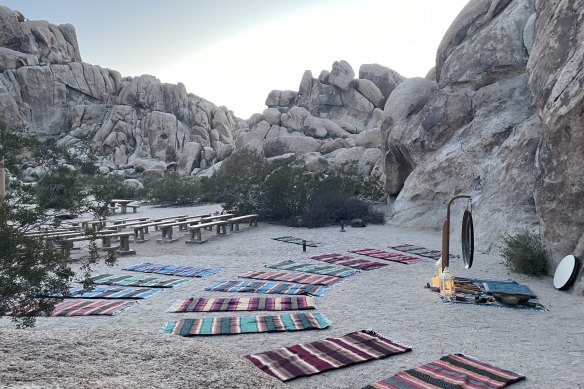 Meditation mats in the rocky landscape.
