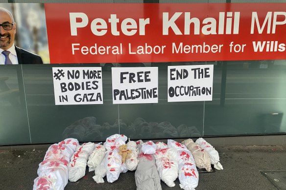 Fake dead bodies were dumped outside Labor electorate offices on Wednesday morning.