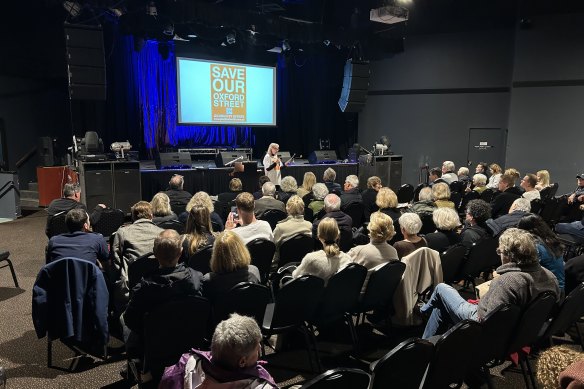 Beacham Hotel owner Sue Ritchie conducts a public meeting to “Save Our Oxford Street” at the Paddington RSL.