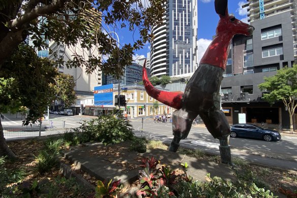 The section of Herschel Street between Roma and George streets - including Brisbane’s big red kangaroo sculpture - will be modified to include a 4.5 metre walk to a new pedestrian crossing on Roma Street.