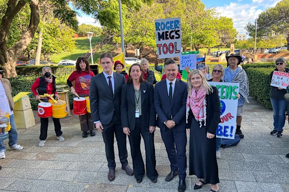 New Greens MPs Tim Clifford, Jess Beckerling and Sophie McNeill with Greens leader Brad Pettit (second from left).