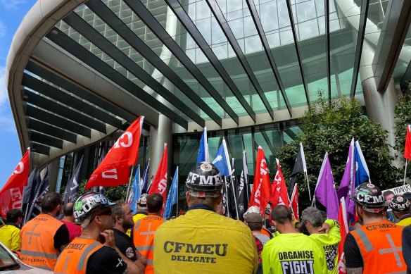 Unions protest outside the Queensland government offices on Thursday.