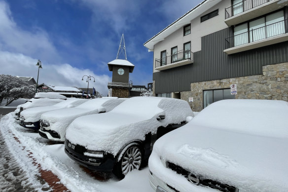 Cars were blanketed in snow at Mount Buller on Tuesday.